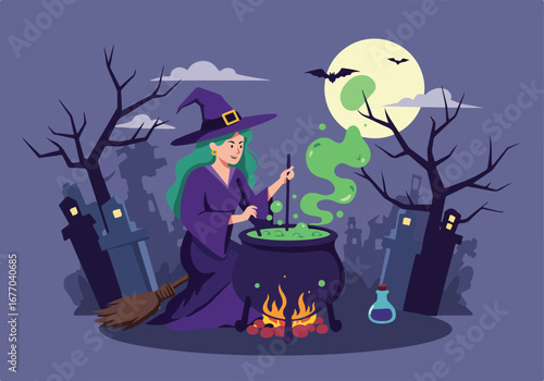 A magical green-haired witch stirring a bubbling potion in her cauldron during a spooky halloween night at a haunted cemetery