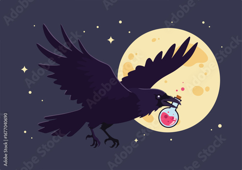 Spooky Halloween illustration of a dark crow carrying a magical pink potion in its beak while flying across a large full moon in the starry night sky