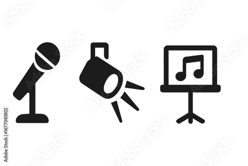 Singing performance solid icon set. Stage microphone, spotlight, music stand with notes. Concert, show, vocal, karaoke and entertainment concept. Vector glyph pictograms.