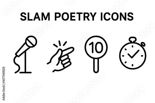 Slam poetry outline icon set. Spoken word performance elements. Vector icons of microphone, finger snapping applause, judge score paddle, and timer for poetry competition.
