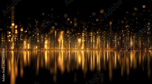 Golden city skyline reflected in water, glittering bokeh