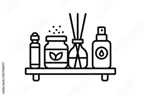 Spa shelf icons. Outline icon set for beauty and wellness. Essential oil roller, bath salts jar, reed diffuser, facial mist spray. Vector aromatherapy products illustration.