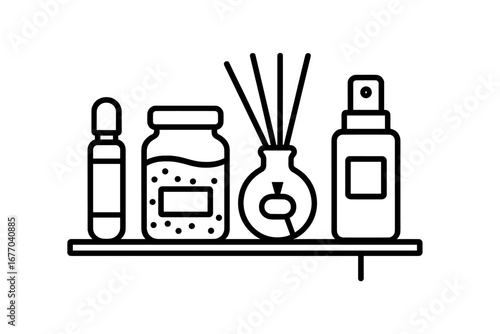 Spa shelf outline icon set. Vector symbols for wellness and self-care. Essential oil roller, bath salts jar, reed diffuser with sticks, and facial mist spray for aromatherapy.
