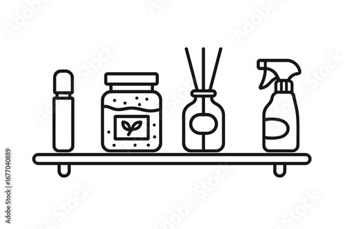Spa shelf icons vector set. Outline illustrations of beauty products for wellness and self-care. Essential oil roller, bath salts jar, reed diffuser, and facial mist spray.