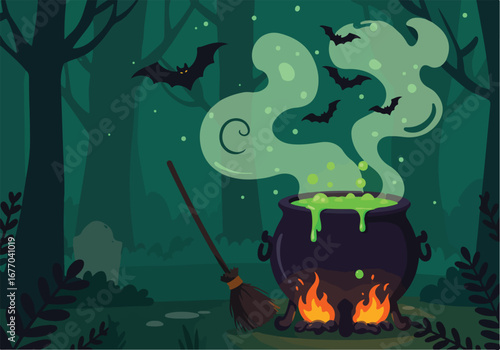 Halloween Magic A Spooky Forest Scene Featuring a Boiling Cauldron, Bats, and a Broom, Evoking the Spirit of All Hallows' Eve