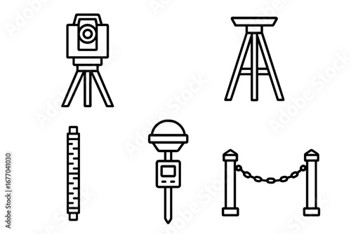 Surveying icons set. Land survey and geodesy equipment. Outline vector symbols of theodolite, tripod, leveling rod, GPS receiver, and boundary for engineering or construction.