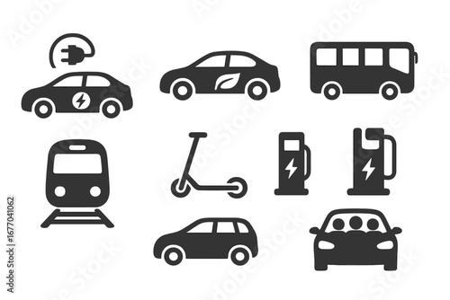 Eco friendly transportation icon set. Green energy vehicle symbols. Electric car, public transit, bus, train, scooter, hybrid car, carpooling and EV charging station pictograms.