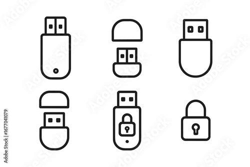 USB flash drive outline icon set. Vector symbols for data storage and digital security. Memory stick, connector, cap and encrypted lock icon. Information transfer concept.