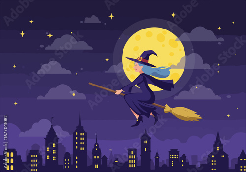 A beautiful young witch with blue hair flies on her broomstick over a city at night against a full moon for a spooky halloween celebration