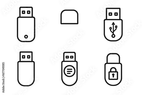 USB stick outline icon set. Vector flash drive collection with memory stick, cap, connector, LED, data transfer symbol, and security lock. Digital storage and technology concept.