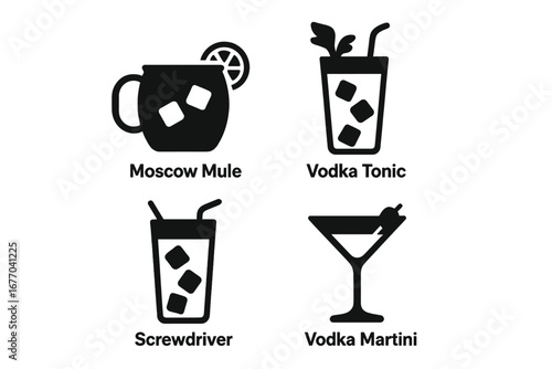 Vodka cocktails solid icon set. Vector glyph collection of popular drinks: Moscow Mule, Vodka Tonic, Screwdriver, and Vodka Martini. Alcohol beverage symbols for bar menu.