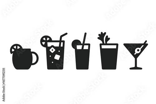 Vodka cocktail icon set. Solid glyph vector collection of popular drinks. Moscow mule, bloody mary, screwdriver, vodka tonic, martini. Bar menu, alcohol, beverage graphics.