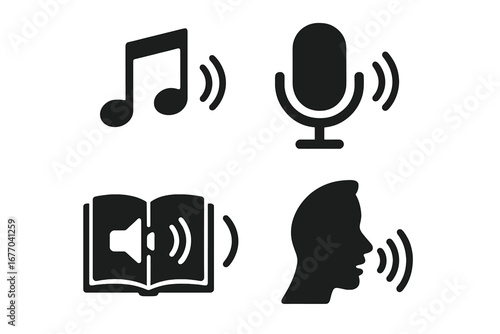 Audio technology glyph icons. Voice command, music note, podcast microphone, audiobook symbol. Speech recognition, smart assistant, sound wave pictogram collection for web and apps.