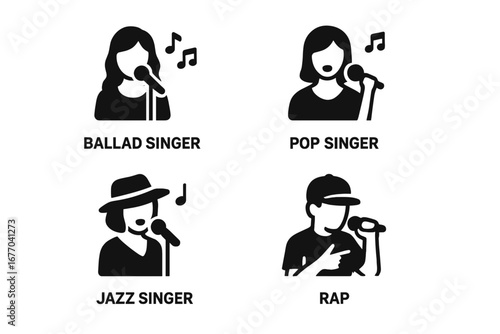 Music genres vector icon set. Ballad singer, pop star, jazz musician, and rapper silhouettes. Solid glyph pictograms for vocal performance, karaoke, concerts, and events.