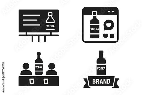 Vodka marketing solid glyph icons. Alcohol brand promotion concept. Advertising campaign with billboard, social media post, tasting event. Bottle branding vector illustration.