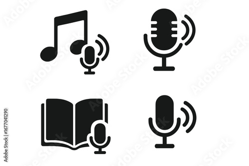 Voice activated icon set for audio content. Sound recognition symbols for music streaming, podcasting, and audiobooks. Solid glyphs for user interface design and apps.