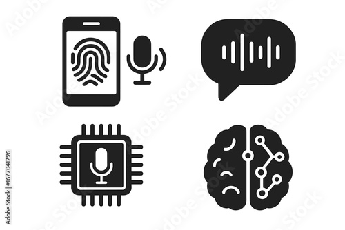 Voice technology icon set. AI voice recognition, biometric fingerprint security, neural network, machine learning and sound wave analysis. Solid glyph vector icons for UI design.