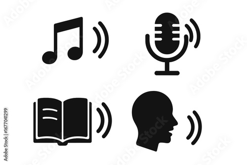 Voice activated solid glyph icons set. Audio entertainment symbols collection. Music note, podcast microphone, audiobook and voice command recognition pictogram for app or web design.