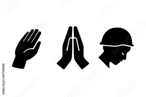 War and military emotional icon set. Soldier silhouette with bowed head, saluting hand, and praying hands. Concepts of grief, respect, memorial, veteran, and remembrance.