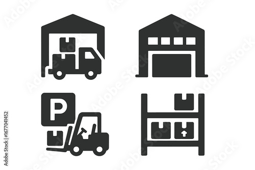 Warehouse logistics solid glyph icon set. Cargo distribution center with loading truck, forklift, storage shelves, and building symbols. Freight delivery and inventory vector.
