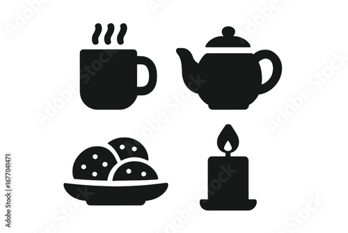 Cozy hygge icon set for relaxation and comfort. Tea time and coffee break concept with hot drink, teapot, cookies, and candle light. Vector glyph symbols for a warm atmosphere.
