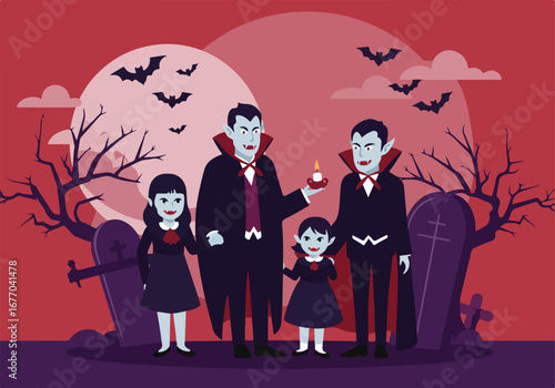 A spooky vampire family portrait in a gothic cemetery under the full moon for a festive and traditional halloween night celebration