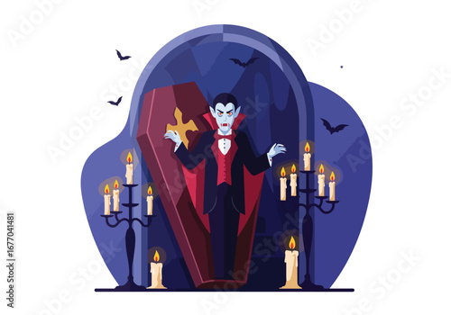 Spooky halloween illustration of a gothic vampire count rising from his coffin in a dark castle surrounded by candlelight