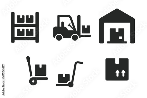 Warehouse solid icons set. Logistics and shipping glyph pictograms. Vector collection of storage racks, forklift, loading dock, pallet jack, hand truck, and cargo box.