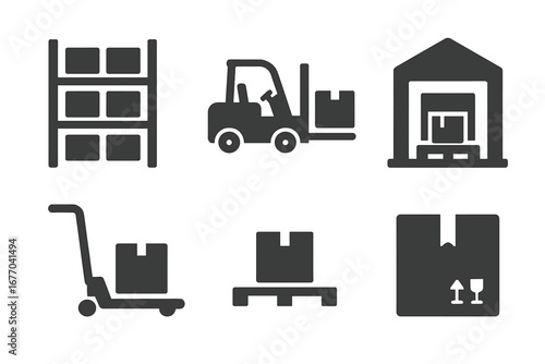 Warehouse solid glyph icon set. Vector symbols for logistics, distribution, shipping, and storage. Includes forklift, pallet jack, racks, loading dock, and delivery box pictogram.