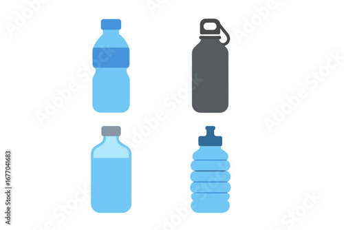 Water bottle icon set. Flat vector graphic of drink container varieties. Plastic, stainless steel, glass, collapsible sport bottle. Concept for hydration, health, and reuse.