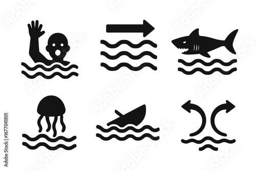 Water hazard solid icon set. Vector symbols of water dangers like drowning, strong currents, shark attack, jellyfish sting, boat capsizing, and rip tide for safety signs.