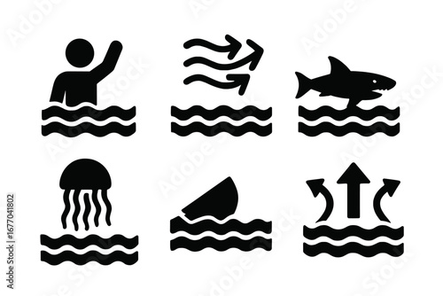 Water hazard solid icon set. Vector pictograms of swimming dangers like drowning, strong currents, rip tide, shark attack, jellyfish and boat capsizing. Sea safety warning symbols.