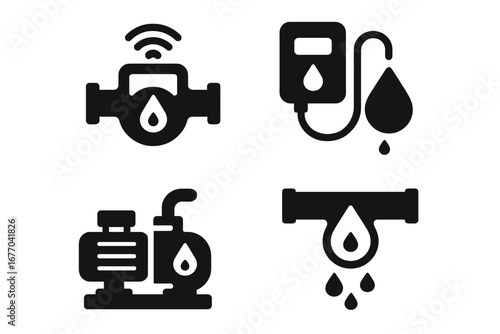 Water management vector icon set. Solid glyph symbols for plumbing systems. Smart water meter, leak detector, pipe, pump, and drainage pictogram. Conservation concept.