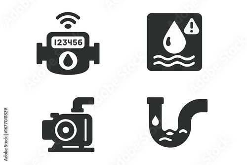 Water management solid icon set. Glyph pictograms of smart water meter, leak detector, water pump, drainage pipe. Plumbing, resource conservation, technology vector symbols.