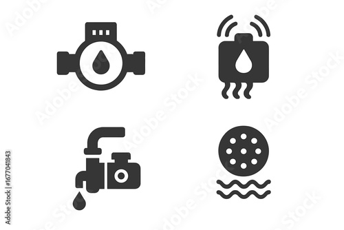 Water management glyph icon set. Solid vector pictograms for plumbing and utility systems. Includes smart water meter, leak detector alarm, electric pump, and drainage filter.