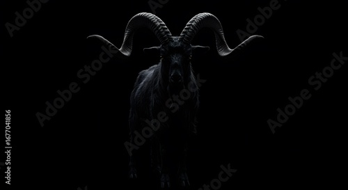 A shadowy goat emerges from the darkness, its impressive horns silhouetted against the night.