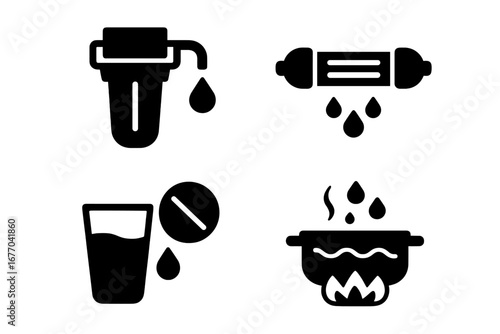 Water purification methods icon set. Water filter, UV lamp, chlorine tablet, and boiling water solid glyph icons. Clean drinking water and treatment concept vector illustration.
