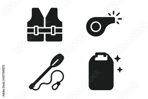 Water safety equipment icon set for boating and kayaking. Vector collection of a life jacket, emergency whistle, paddle with leash, and a waterproof dry bag for outdoor survival.