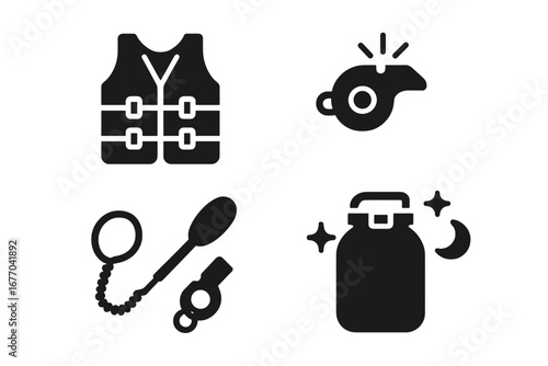 Water safety icon set. Solid vector glyphs of life jacket, rescue whistle, paddle leash, waterproof bag for night. Boating, kayaking, swimming and survival equipment.