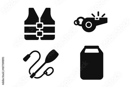 Water safety solid icon set. Boating and kayaking equipment glyphs. Life jacket vest, emergency whistle, paddle with leash, and waterproof dry bag vector illustration symbols.