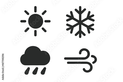 Weather icon set. Solid filled glyph collection for meteorology forecast. Sun for sunny, snowflake for snow, cloud for rain, and wind gust symbols. Simple vector pictogram.