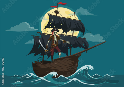 A spectral skeleton pirate steers his haunted vessel under a full moon, bringing eerie adventure and ghostly maritime thrills to a spooky halloween celebration