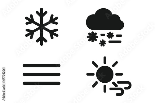 Weather icon set. Solid glyph icons for meteorology forecast. Snowflake for snow, blizzard for winter storm, fog, and sunny wind. Vector illustration isolated on white.