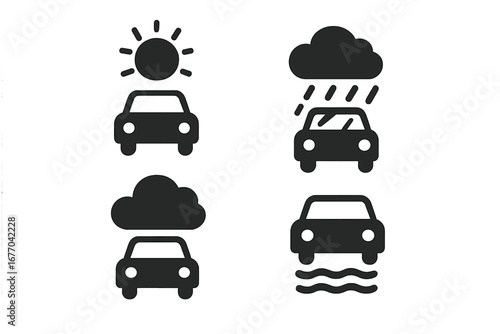 Weather road condition icons. Car driving in sun, rain, and flood. Solid glyph icon set for transport safety report or forecast app. Sunny, rainy, cloudy, flooded road symbols.