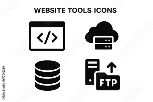 Website tools solid glyph icon set. Web development concepts including code editor, cloud hosting, database server, and FTP file transfer. Programming and coding vector symbols.