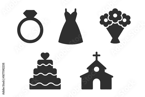 Wedding solid glyph icon set for marriage and celebration. Vector collection of engagement ring, bridal dress, flower bouquet, cake, and church symbols for invitation design.