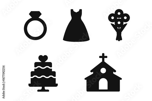 Wedding solid icon set. Marriage ceremony and celebration symbols. Vector glyph collection with diamond ring, bridal dress, flower bouquet, cake and church or chapel silhouette.