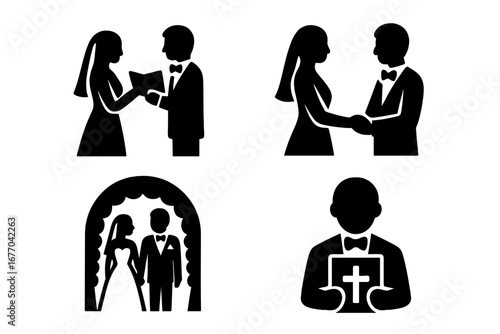 Wedding ceremony icon set. Marriage pictograms. Bride and groom silhouettes exchanging vows, holding hands under arch. Christian priest or officiant. Love and union vector glyphs.