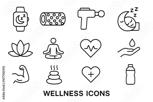 Wellness and self-care line icon set. Healthy lifestyle, fitness, and recovery concepts. Vector icons of sleep tracker, massage gun, foam roller, yoga, and meditation.
