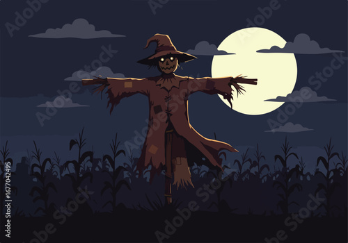 Scary Halloween scarecrow standing in a cornfield under a bright full moon, creating a spooky atmosphere for the holiday